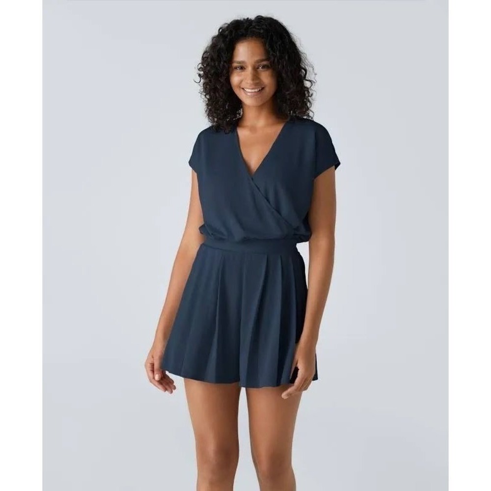 Halara Waffle Knit Crossover V Neck Pleated Skort Romper Blue Large Tenniscore